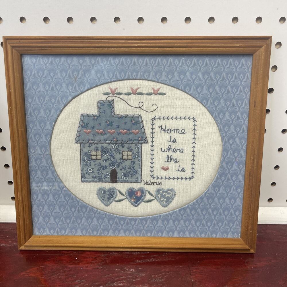 Vtg Home Is Where The Heart Valorie's Folk Art Applique Embroider Original Frame